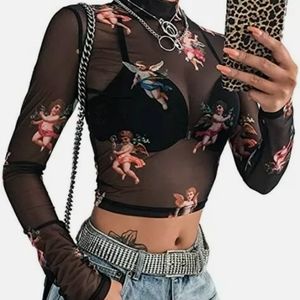 Angel Sexy Women black crop See Through Transparen